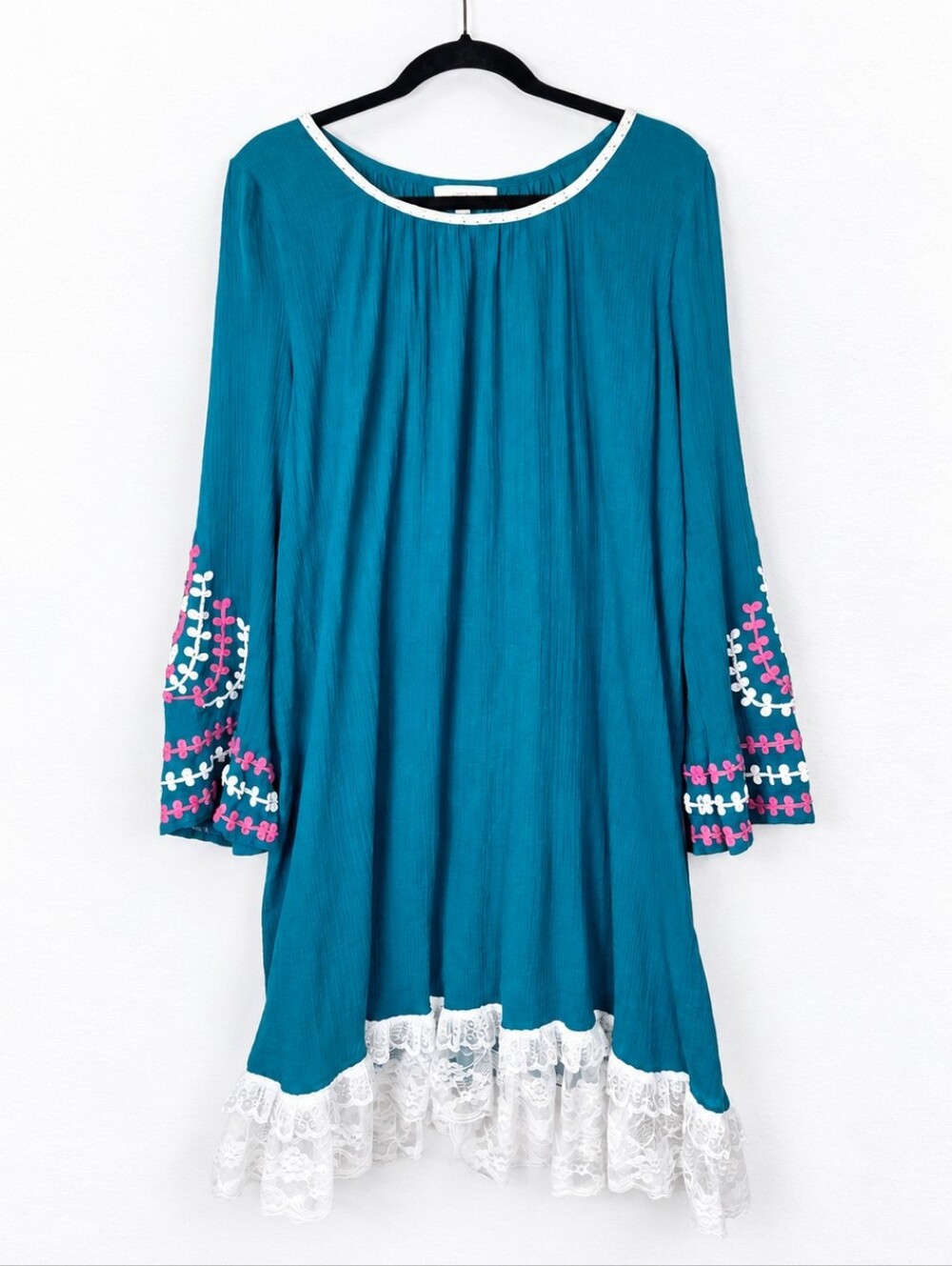 Umgee 2XL Teal Embroidered Bell Sleeve Lace Hem Boho Tunic Dress Cottagecore